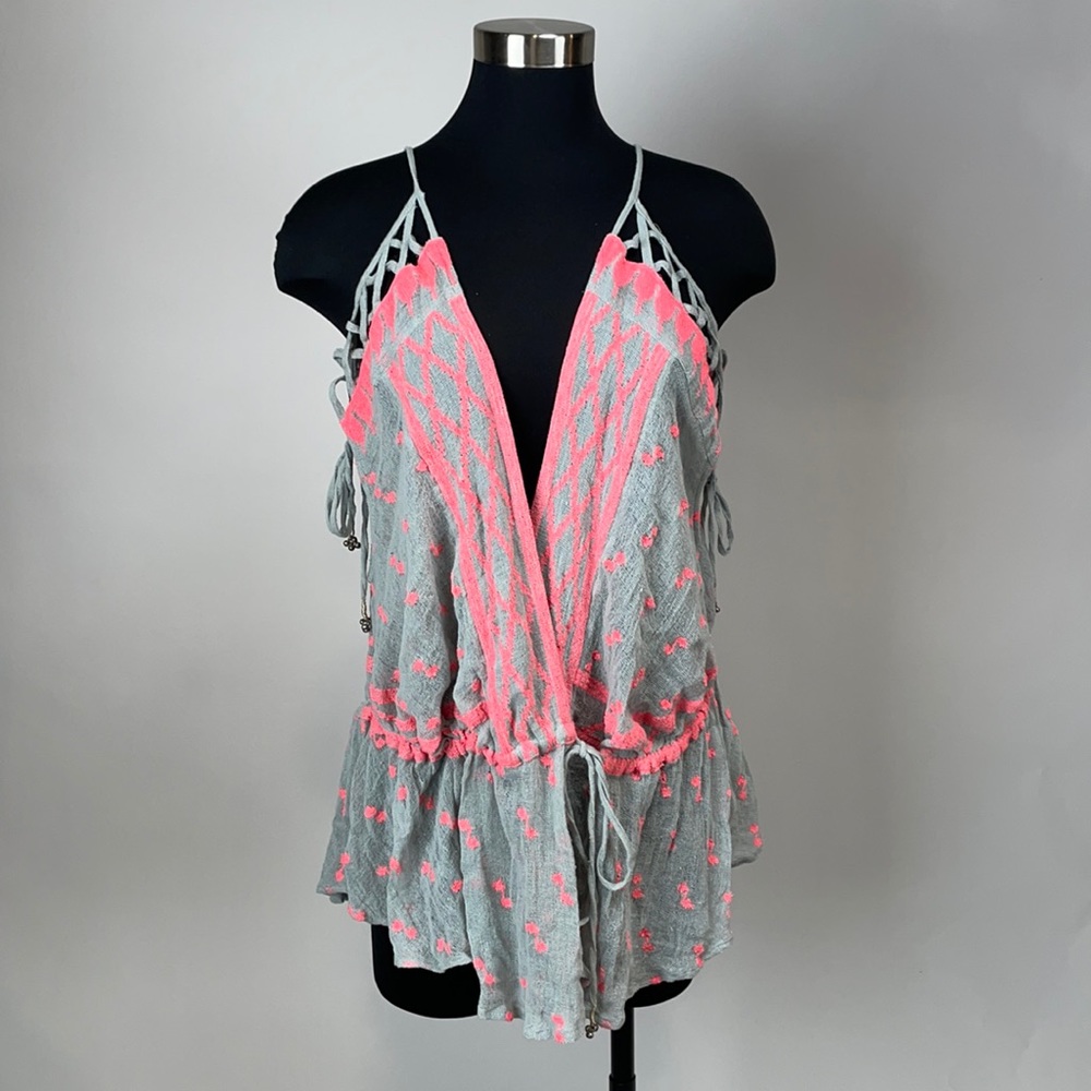 Free People New Romantics, embroidered and woven wrap shirt